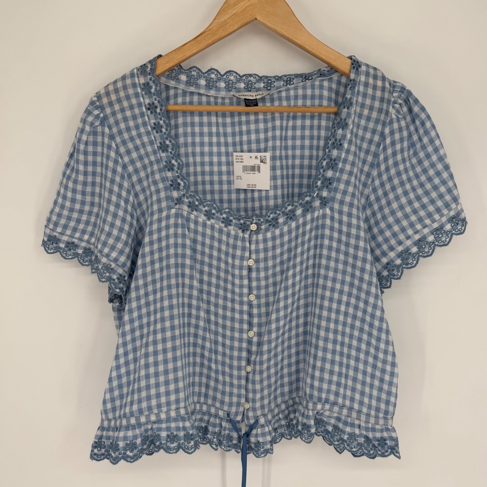 American Eagle Blue Gingham Eyelet Lace Western Feminine Crop Top XL